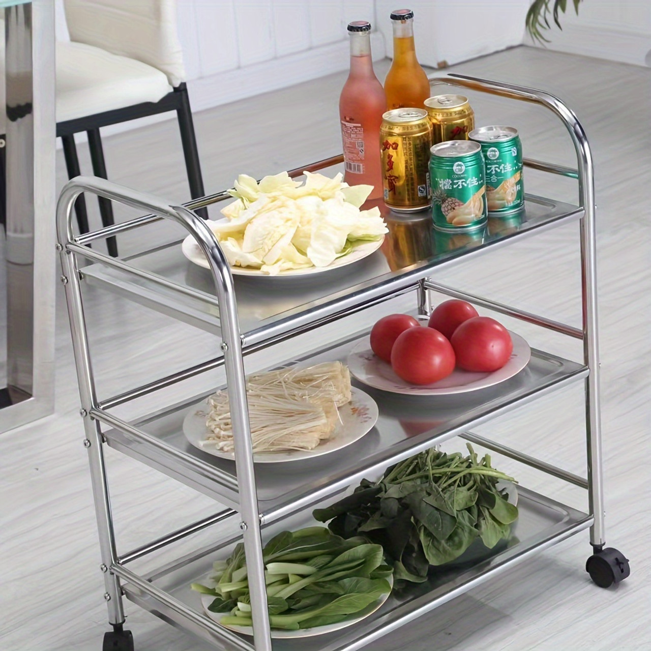 3-Tier Stainless Steel Rolling Cart with Wheels - Versatile Kitchen & Dining Storage Rack, Microwave & Oven Shelf, Perfect for Home, Outdoor Parties, Hotels & Restaurants