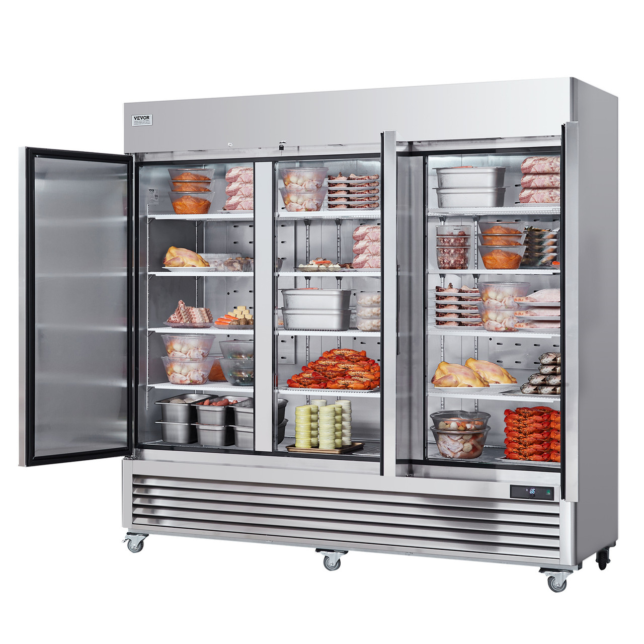Commercial Freezer 60.42 Cu.ft, Reach In 82.5" W Upright Freezer 3 Doors, Auto-Defrost Stainless Steel Reach-in Freezer with 12 Adjustable Shelves, -13 to 5℉ Temp Control, LED Lighting, 4 Wheels