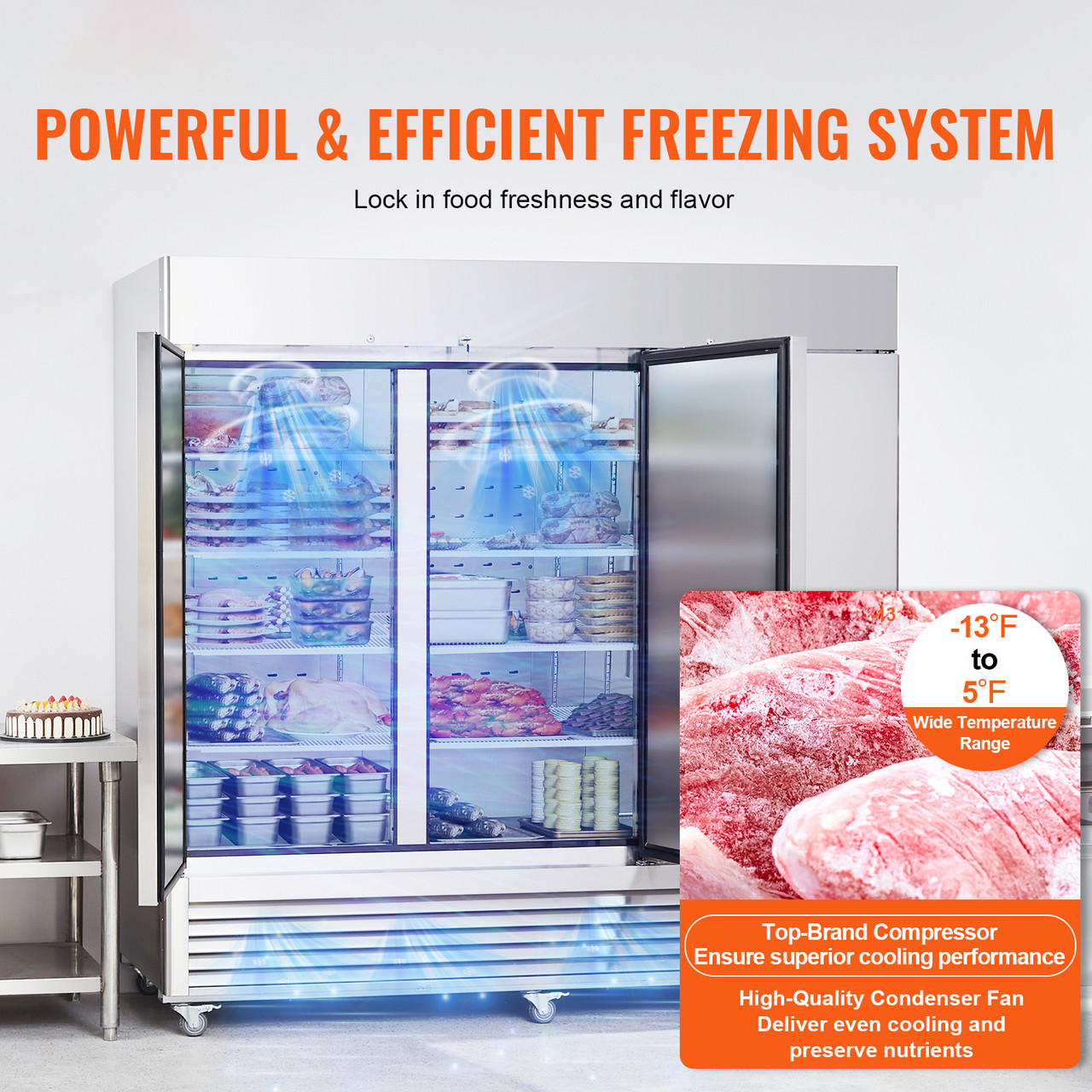 Commercial Freezer 60.42 Cu.ft, Reach In 82.5" W Upright Freezer 3 Doors, Auto-Defrost Stainless Steel Reach-in Freezer with 12 Adjustable Shelves, -13 to 5â„‰ Temp Control, LED Lighting, 4 Wheels