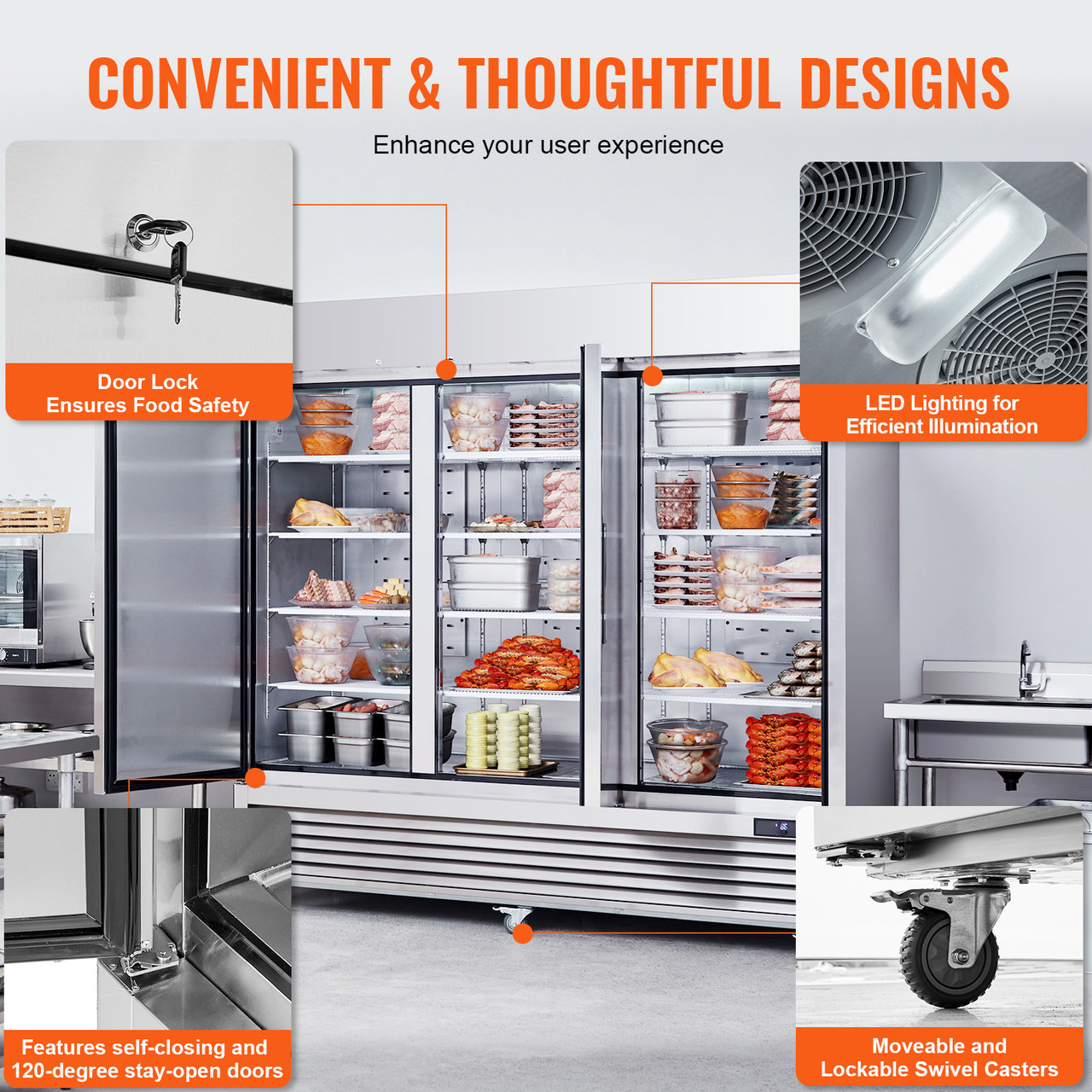 Commercial Freezer 60.42 Cu.ft, Reach In 82.5" W Upright Freezer 3 Doors, Auto-Defrost Stainless Steel Reach-in Freezer with 12 Adjustable Shelves, -13 to 5â„‰ Temp Control, LED Lighting, 4 Wheels