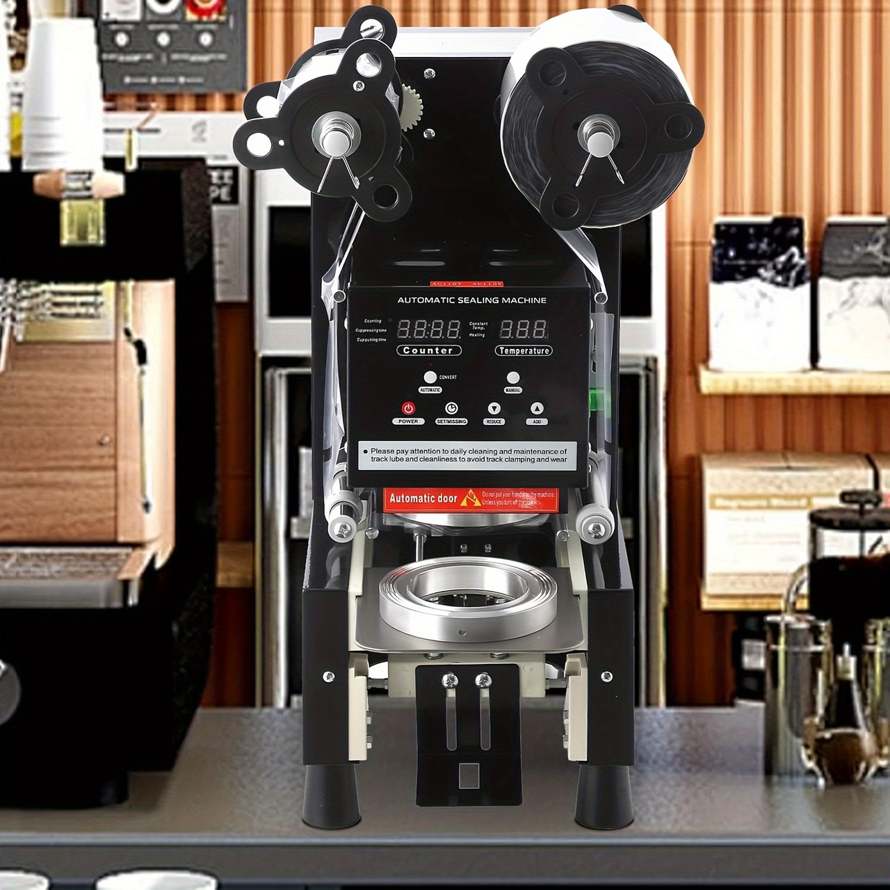 High-Volume  Commercial Electric Cup Sealer for Bubble Milk Tea - Digital Control, Seals 500-650 Cups/H, Fits 90/95mm Cups, with LCD Panel, 110V/220V, US Plug
