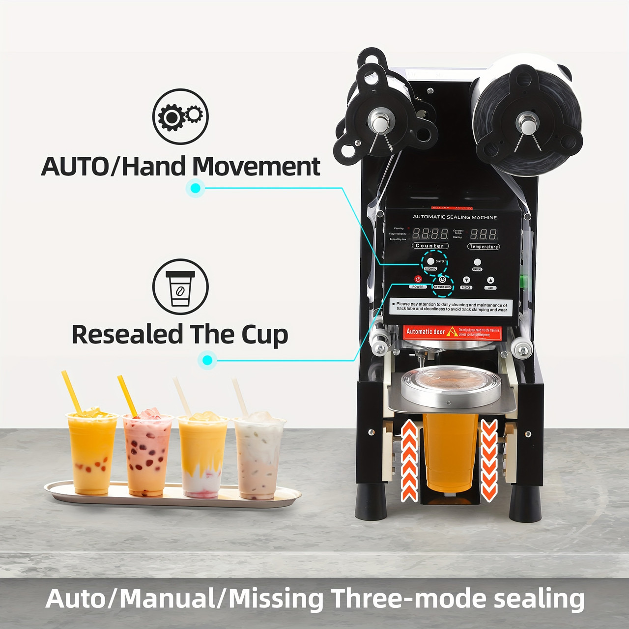 High-Volume  Commercial Electric Cup Sealer for Bubble Milk Tea - Digital Control, Seals 500-650 Cups/H, Fits 90/95mm Cups, with LCD Panel, 110V/220V, US Plug