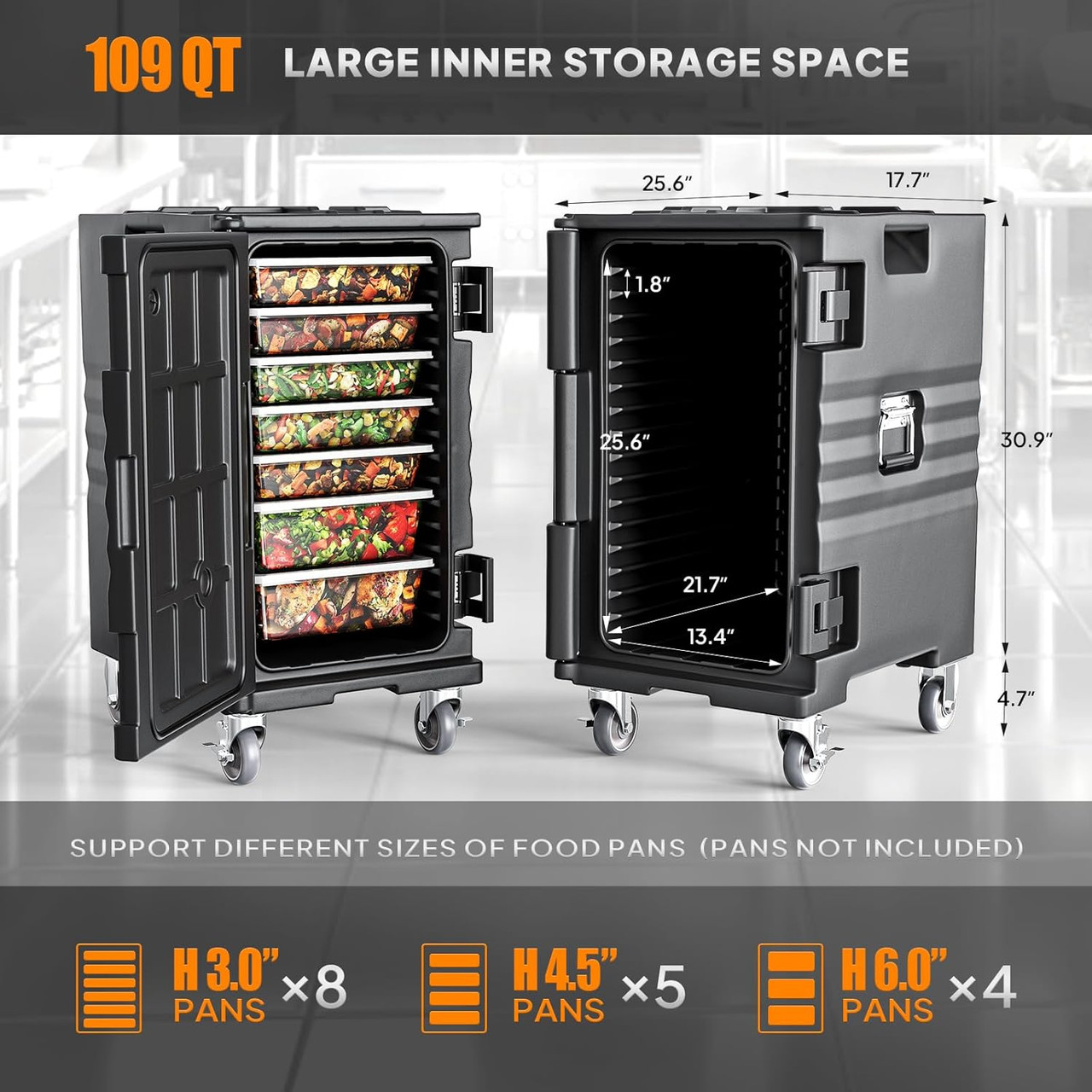 Hot Box Food Warmer, Insulated Food Pan Carrier w/Lockable Wheels Double Buckles and Handles, Stackable Hot Boxes for Catering Restaurant Canteen Family Party Black 109QT