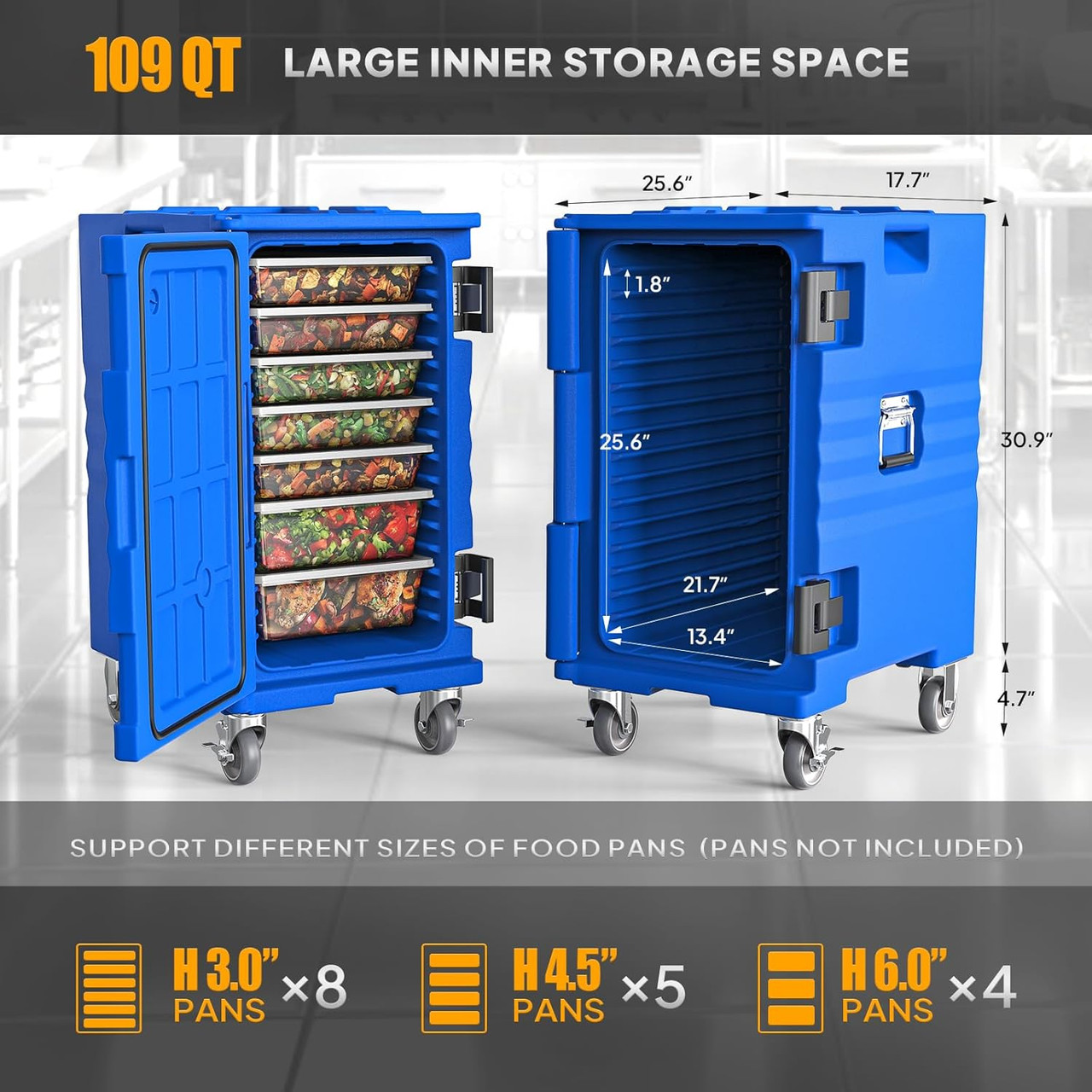 Hot Box Food Warmer, Insulated Food Pan Carrier w/Lockable Wheels Double Buckles and Handles, Stackable Hot Boxes for Catering Restaurant Canteen Family Party Blue 109QT