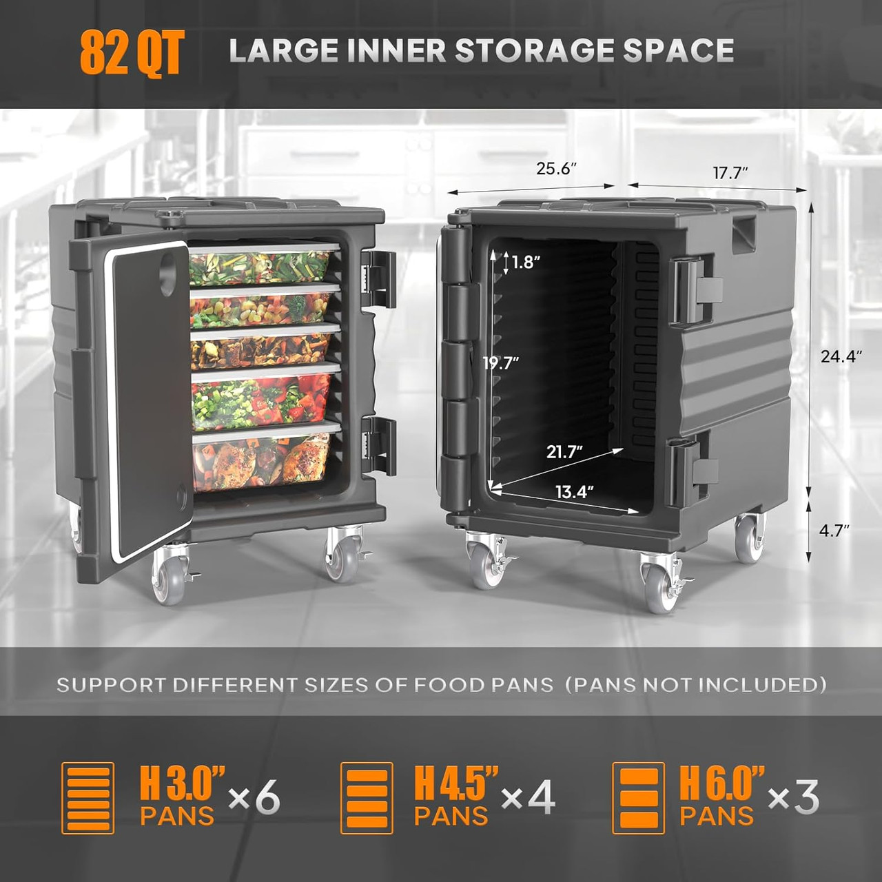 Hot Box Food Warmer, Insulated Food Pan Carrier w/Lockable Wheels Double Buckles and Handles, Stackable Hot Boxes for Catering Restaurant Canteen Family Party Black 82QT