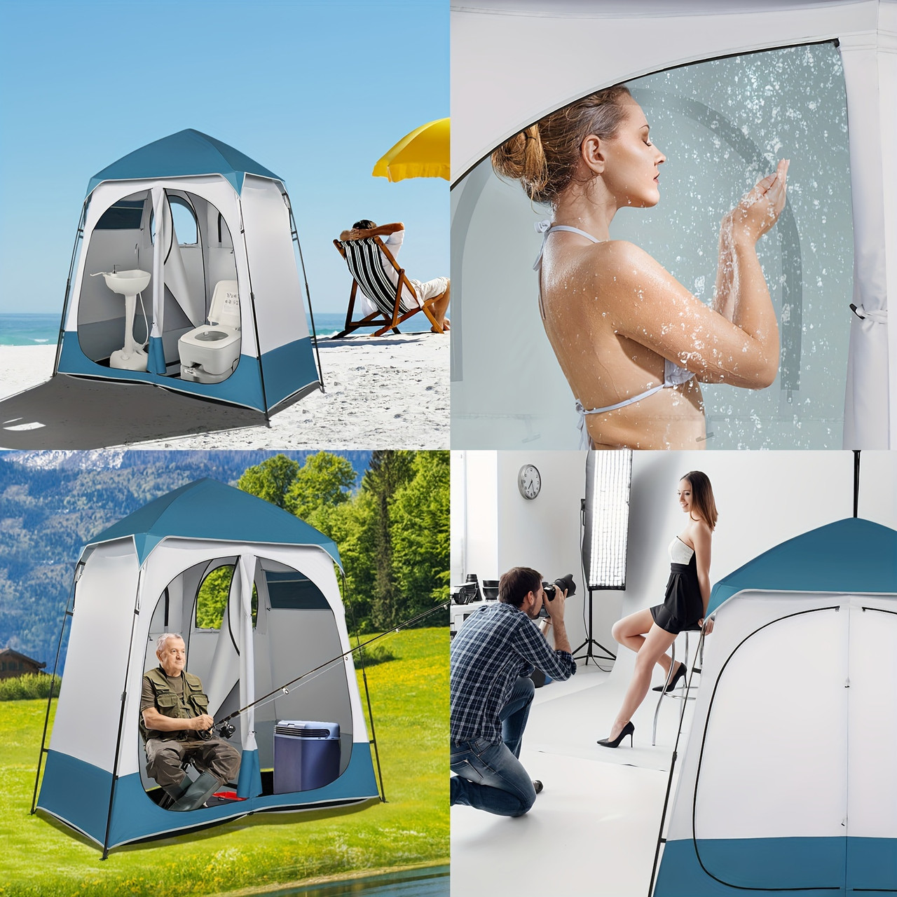 2-Person Instant Pop-Up Privacy Tent - 90x90x48 Inch Lightweight Oxford Cloth Dressing Tent with Ground Stakes & Windproof Ropes, Blue/White High Quality Shelter for Camping, Outdoor Restroom, Shower Booth, Sturdy Support Structure, Camping Tent