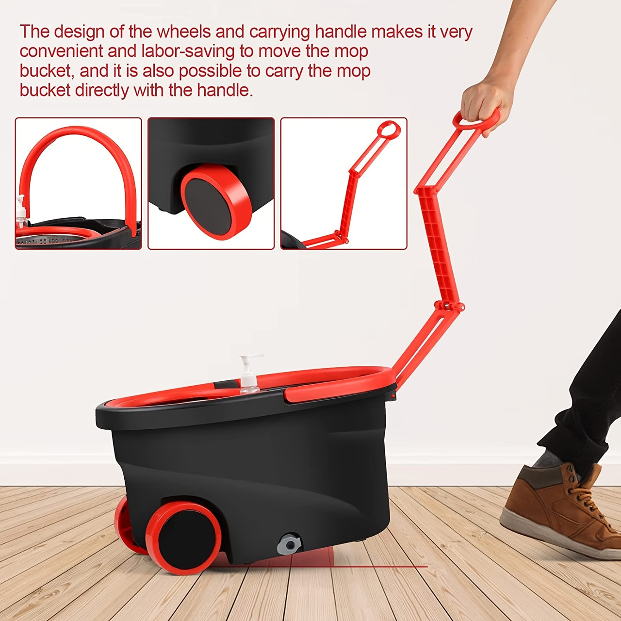 Mop Bucket with Wringer Set, Plus Size 360Â° Mop Bucket Floor Cleaning System with 3 Microfiber Replacement Mop Head Refills, 61" Adjustable Stainless Steel Handle, 2X Wheel for Home Cleaning