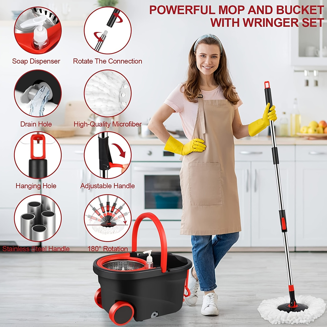 Mop Bucket with Wringer Set, Plus Size 360° Mop Bucket Floor Cleaning System with 3 Microfiber Replacement Mop Head Refills, 61" Adjustable Stainless Steel Handle, 2X Wheel for Home Cleaning