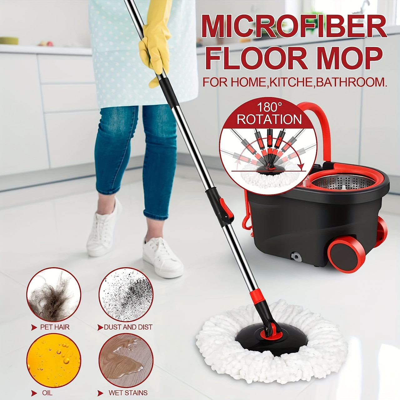 Mop Bucket with Wringer Set, Plus Size 360Â° Mop Bucket Floor Cleaning System with 3 Microfiber Replacement Mop Head Refills, 61" Adjustable Stainless Steel Handle, 2X Wheel for Home Cleaning