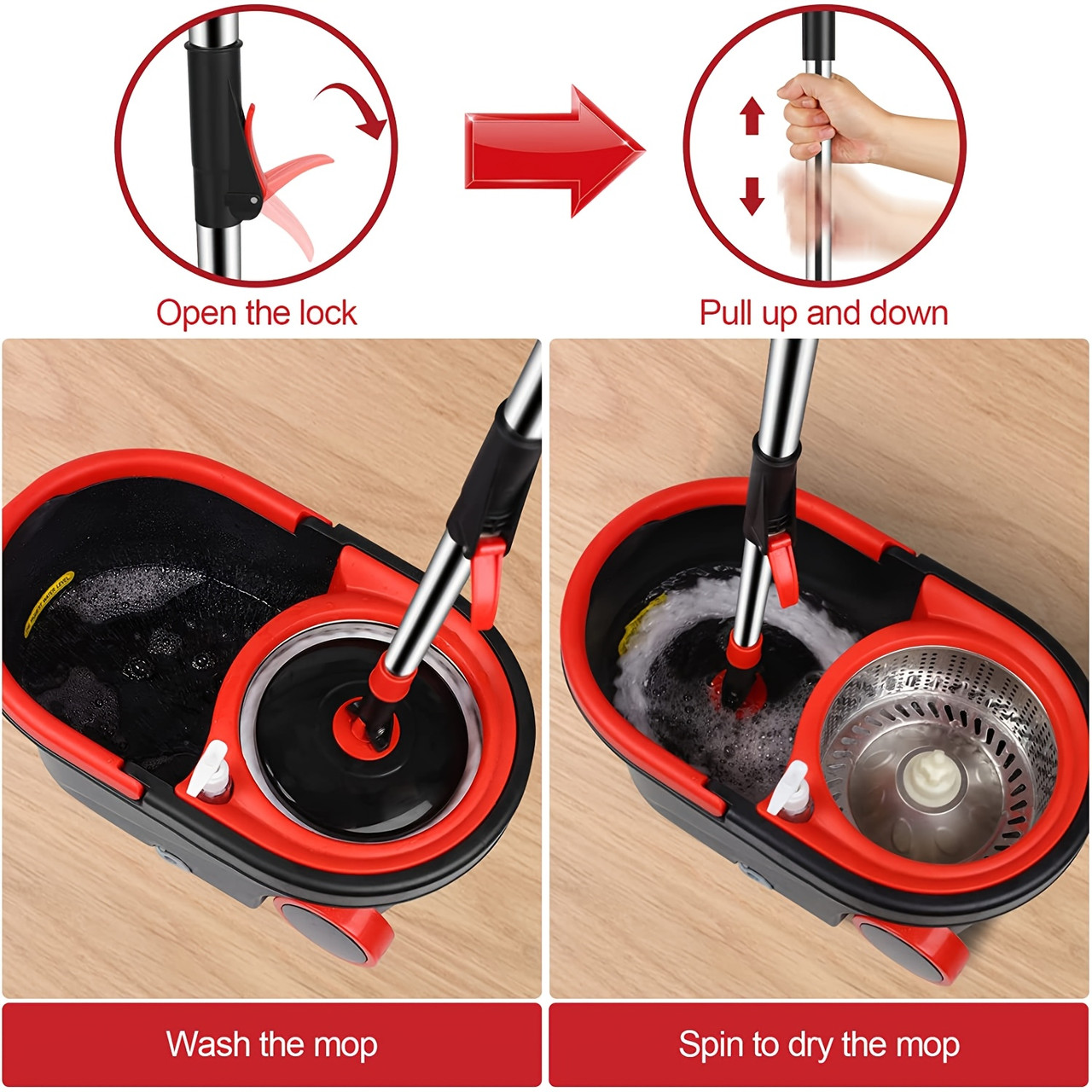 Mop Bucket with Wringer Set, Plus Size 360Â° Mop Bucket Floor Cleaning System with 3 Microfiber Replacement Mop Head Refills, 61" Adjustable Stainless Steel Handle, 2X Wheel for Home Cleaning