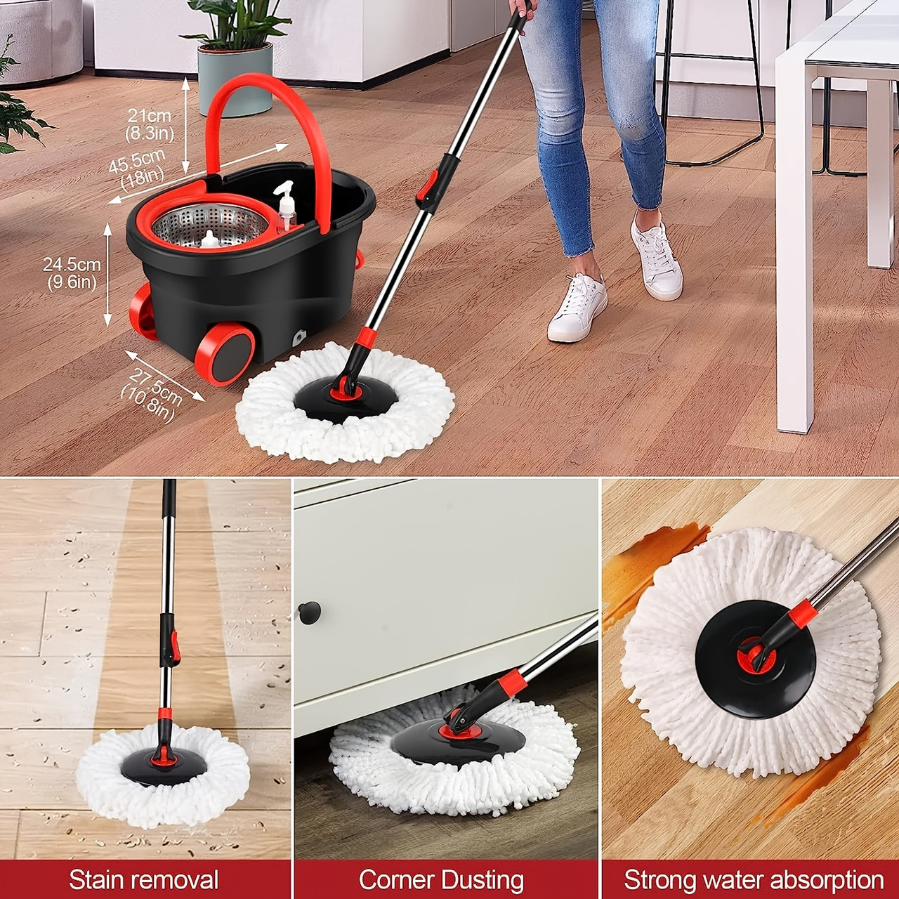 Mop Bucket with Wringer Set, Plus Size 360Â° Mop Bucket Floor Cleaning System with 3 Microfiber Replacement Mop Head Refills, 61" Adjustable Stainless Steel Handle, 2X Wheel for Home Cleaning