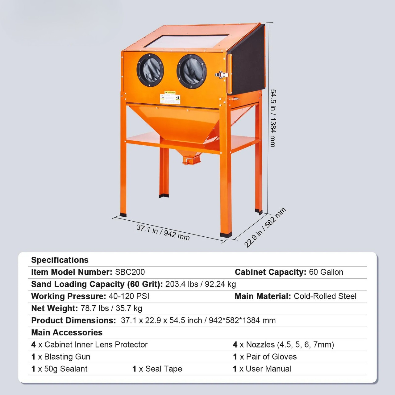 60 Gallon Sandblasting Cabinet with Stand, 40–120 PSI, Heavy‑Duty Steel, Blasting Gun & 4 Ceramic Nozzles