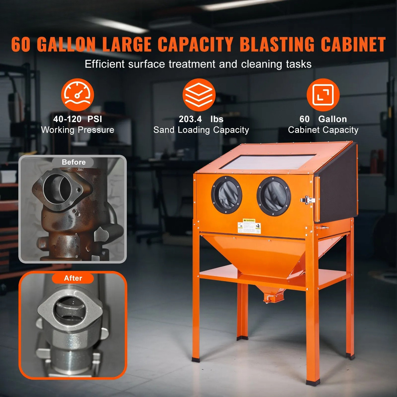 60 Gallon Sandblasting Cabinet with Stand, 40-120 PSI, Heavy-Duty Steel, Blasting Gun & 4 Ceramic Nozzles