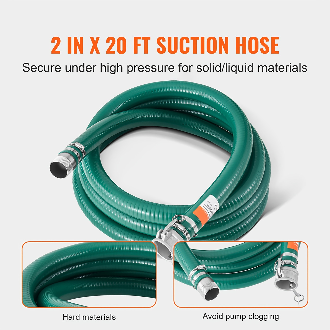 Suction Hose, 2 In X 20 Ft, Green High-Quality Hose With Camlock Connectors & Aluminum Fittings, Compatible With Various Pumps, For Sewage Treatment, Water Transportation, And Agriculture