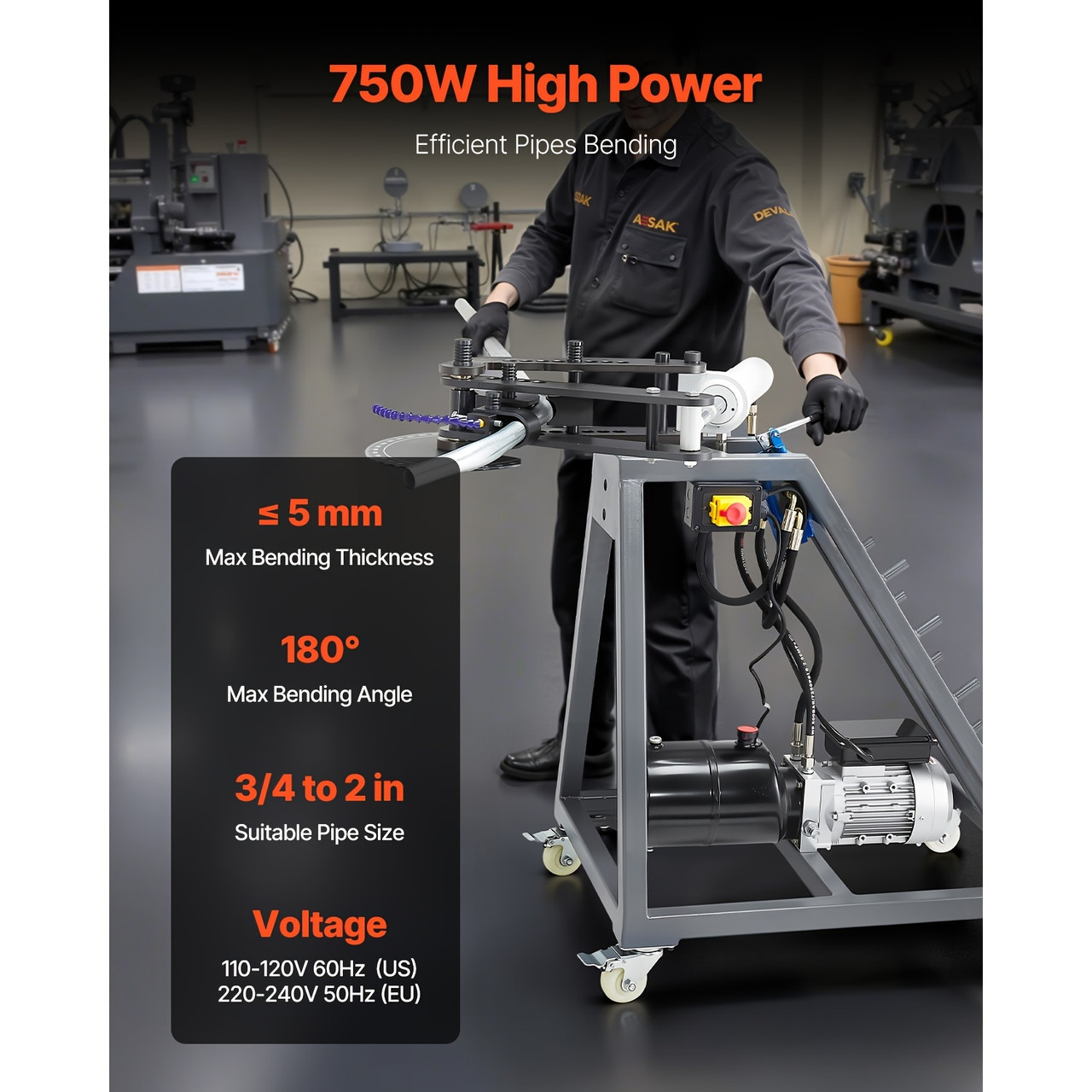 750W Electric Tube Bending Machine With 6L Hydraulic Cylinder, 3 Dies, 180° Max Angle, Casters For 3/4 To 2 Inch Pipes In Workshop