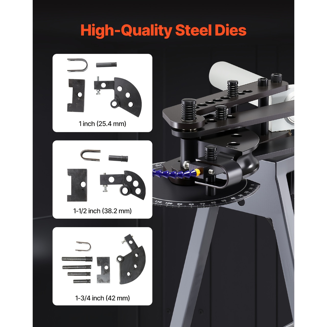 750W Electric Tube Bending Machine With 6L Hydraulic Cylinder, 3 Dies, 180Â° Max Angle, Casters For 3/4 To 2 Inch Pipes In Workshop