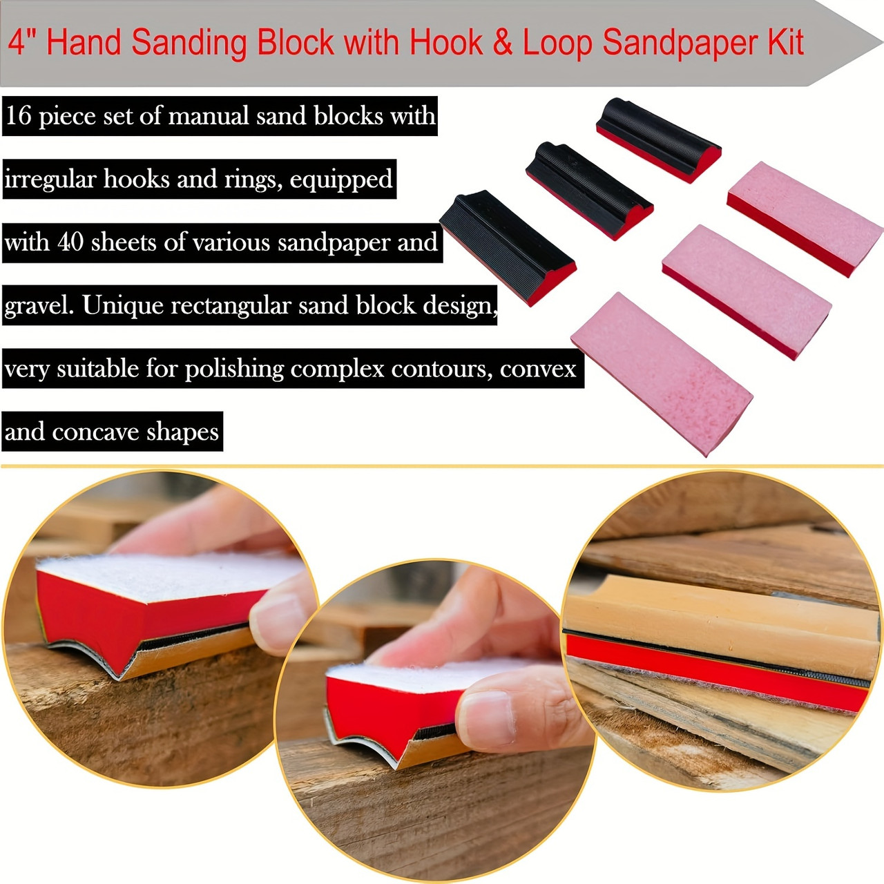 16Pcs Red Hand Sanding Block Kit + 40Pcs Sander Paper Set, 4" Contoured Profile Hand Sanding Block Set with Interchangeable Assorted Convex & Concave Shapes for Woodworking, Furniture, Auto Paint, Crafts