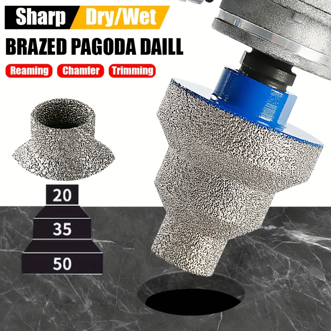 Diamond Step Multi-layer Chamfering Bits, 20-35-50mm Sizes, 5/8-11 Threads, for Hole Enlargement And Grinding Of Marble, Granite, Concrete And Ceramic Tiles Diamond Step Multi-layer Chamfering Bits, 20-35-50mm Sizes, 5/8-11 Threads, for Hole Enlargement And Grinding Of Marble, Granite, Concrete And Ceramic Tiles