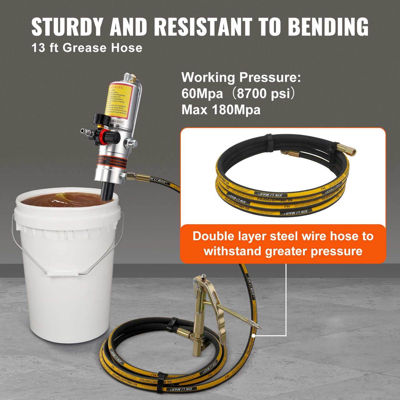 Grease Pump, 50:1 Pressure Ratio Air Operated Grease Pump with 13 ft High Pressure Hose and Grease Gun, Pneumatic Grease Pump, Portable Lubrication Grease Pump with 360° Swivel Grease Gun Head