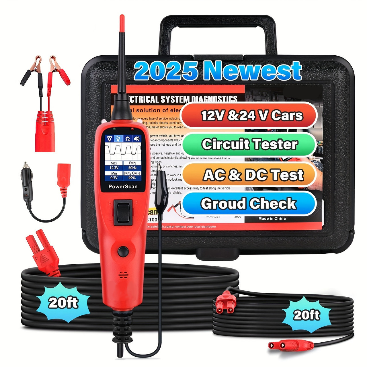 PowerScan Automotive Circuit Tester, 12V 24V Power Circuit Probe Kit, Digital Multimeter/Relay & Diode Resistance Tool, for Frequency/Duty Cycle/Voltage Test, Activating Component, w/ 20ft Cable, Without Battery