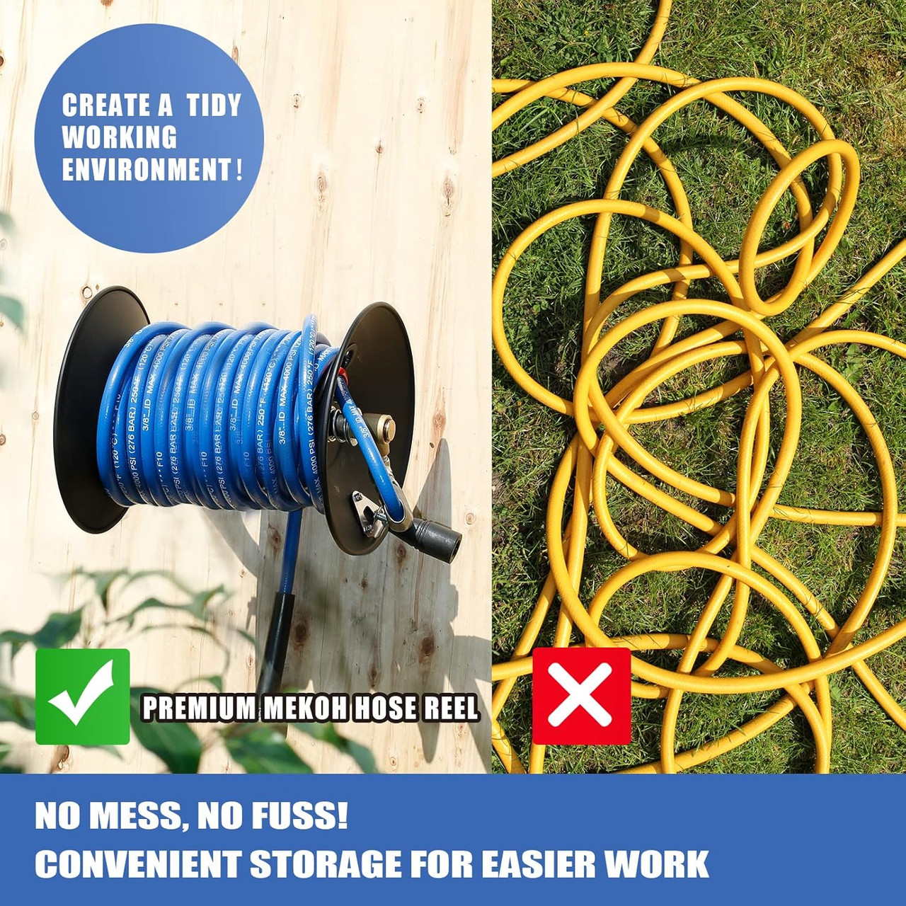 Pressure Washer Hose Reel 100ftx3/8â€/130ftx1/4â€, 4000PSI Heavy Duty Power Washer Hose Reel with M22-14 Fitting, Hand Crank Metal Reel with Wall/Trailer/Van Mount, Manual Hose Reel for Water