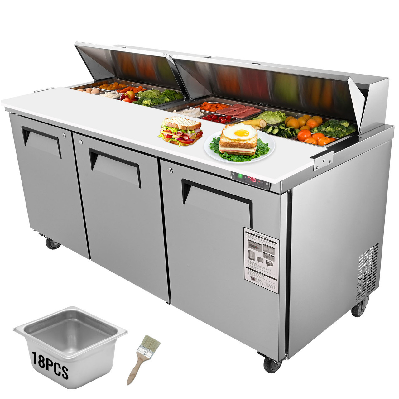 Commercial Refrigerator, 72" Sandwich & Salad Prep Table, 17.73 Cu. Ft Stainless Steel Refrigerated Food Prep Station with 18 Pans, Cut Board, 3 Door Worktop Fridge with lock for Restaurant