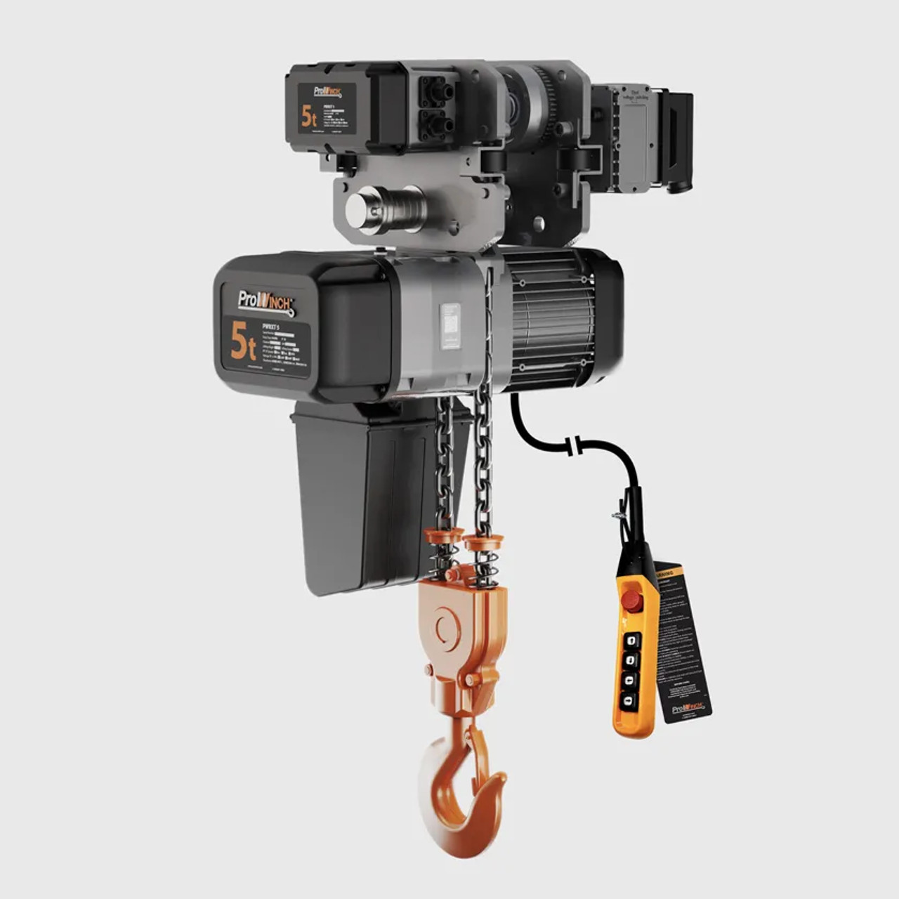 Prowinch 5 ton Electric Chain Hoist w/ Power Trolley 1 Speed 208~240V / 440~480V 3ø 60HZ 30ft G100 Nickel Duty H4/M5 PWRXT5-H4-1S-2.4