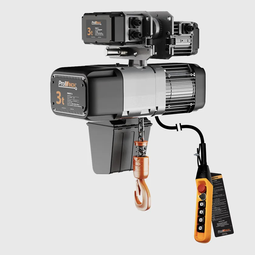 Prowinch 3 ton Electric Chain Hoist w/ Power Trolley Variable Speed 440~480V 3° 50~60HZ 30ft G100 Nickel Duty H4/M5 PWRXT3-H4-VS