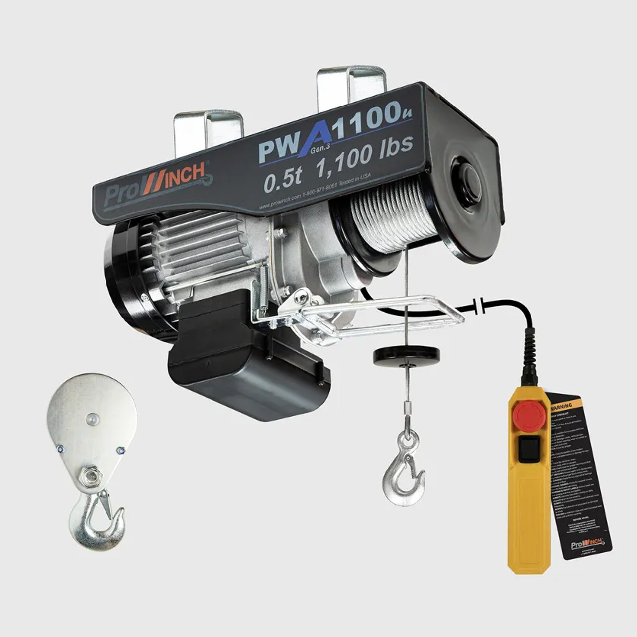 Prowinch 1/2 ton 1100 lb 110V Electric Wire Rope Hoist 38 ft. Wireless Upper Limit Switch 3th Generation H1 Duty PWA1100u-G3