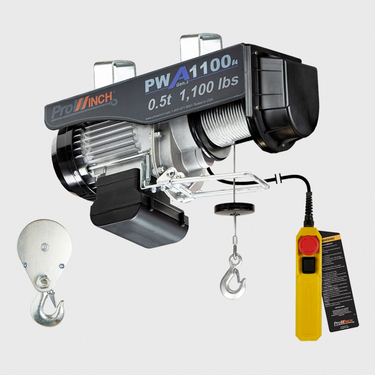 Prowinch 1/2 ton 1100 lb 110V Electric Wire Rope Hoist 38 ft. Wireless Upper and Lower Limit Switches H1 Duty PWA1100u