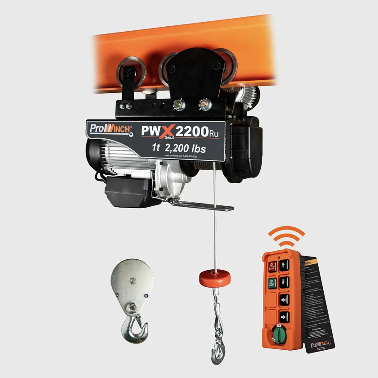 Prowinch 1 ton 2200 lb 110V Electric Wire Rope Hoist 38 ft. Wireless w/ Power Trolley H1 Duty PWX2200Ru