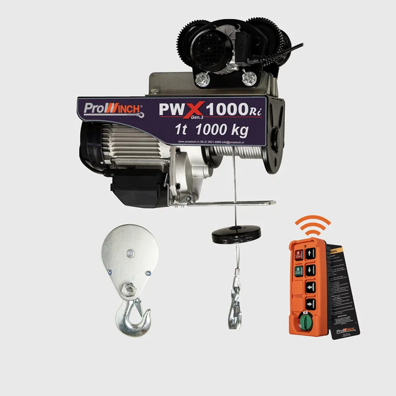 Prowinch 1100 lb / 2200 lb 220V Electric Rope Hoist w/trolley 60HZ w/ Emergency Stop H1 Duty Wireless PWX1000Ri