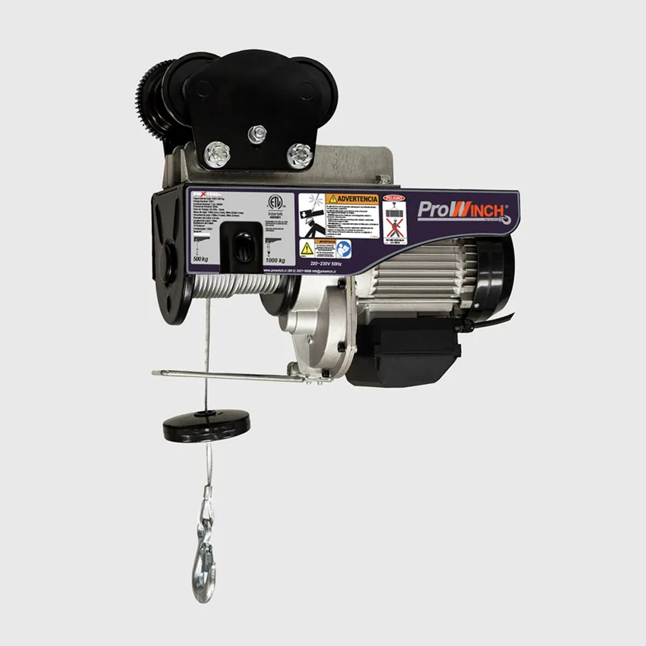 Prowinch 1100 lb / 2200 lb 220V Electric Rope Hoist w/trolley 60HZ w/ Emergency Stop H1 Duty Wireless PWX1000Ri