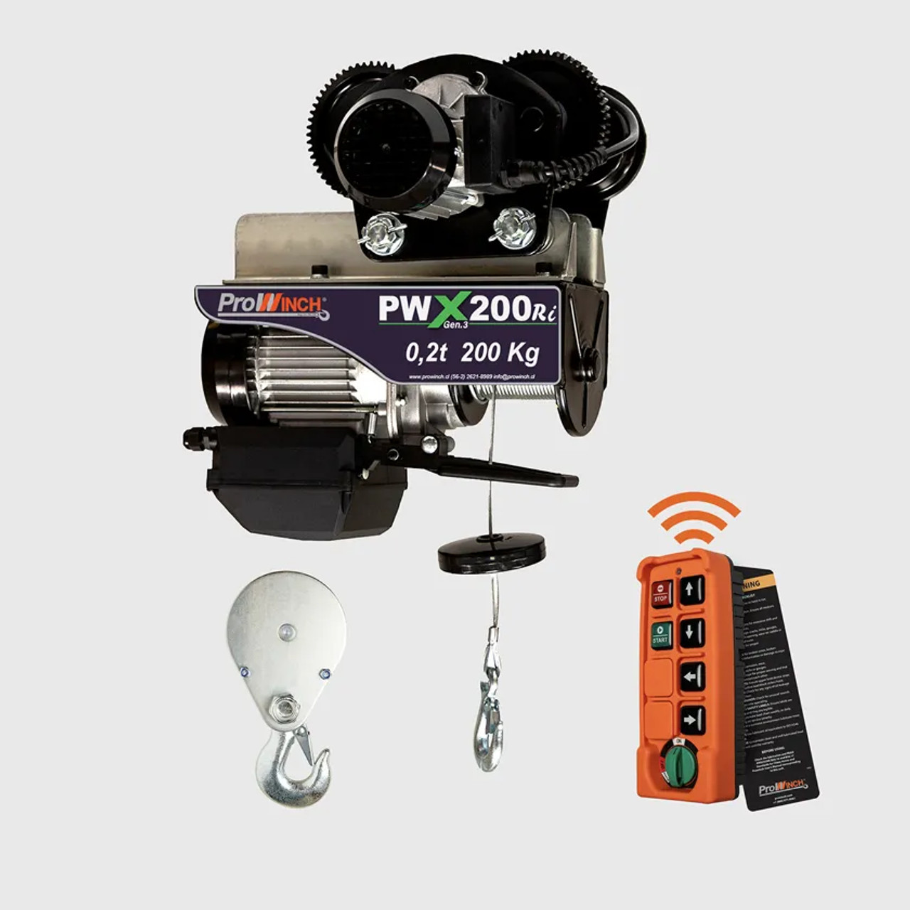 Prowinch 220 lb / 440 lb 220~24V Electric Rope Hoist w/trolley 60HZ w/ Emergency Stop H1 Duty Wireless PWX200Ri