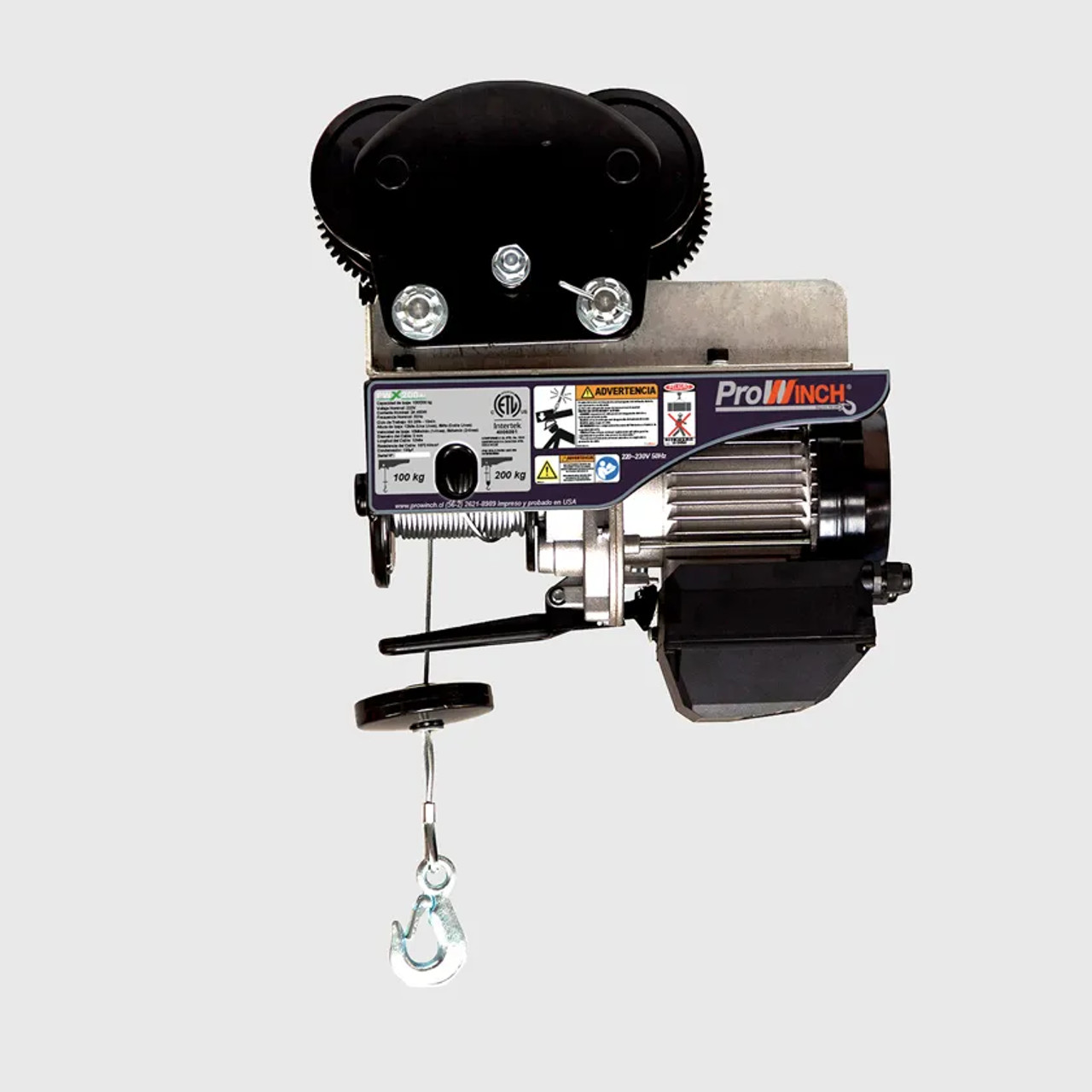 Prowinch 220 lb / 440 lb 220~24V Electric Rope Hoist w/trolley 60HZ w/ Emergency Stop H1 Duty Wireless PWX200Ri
