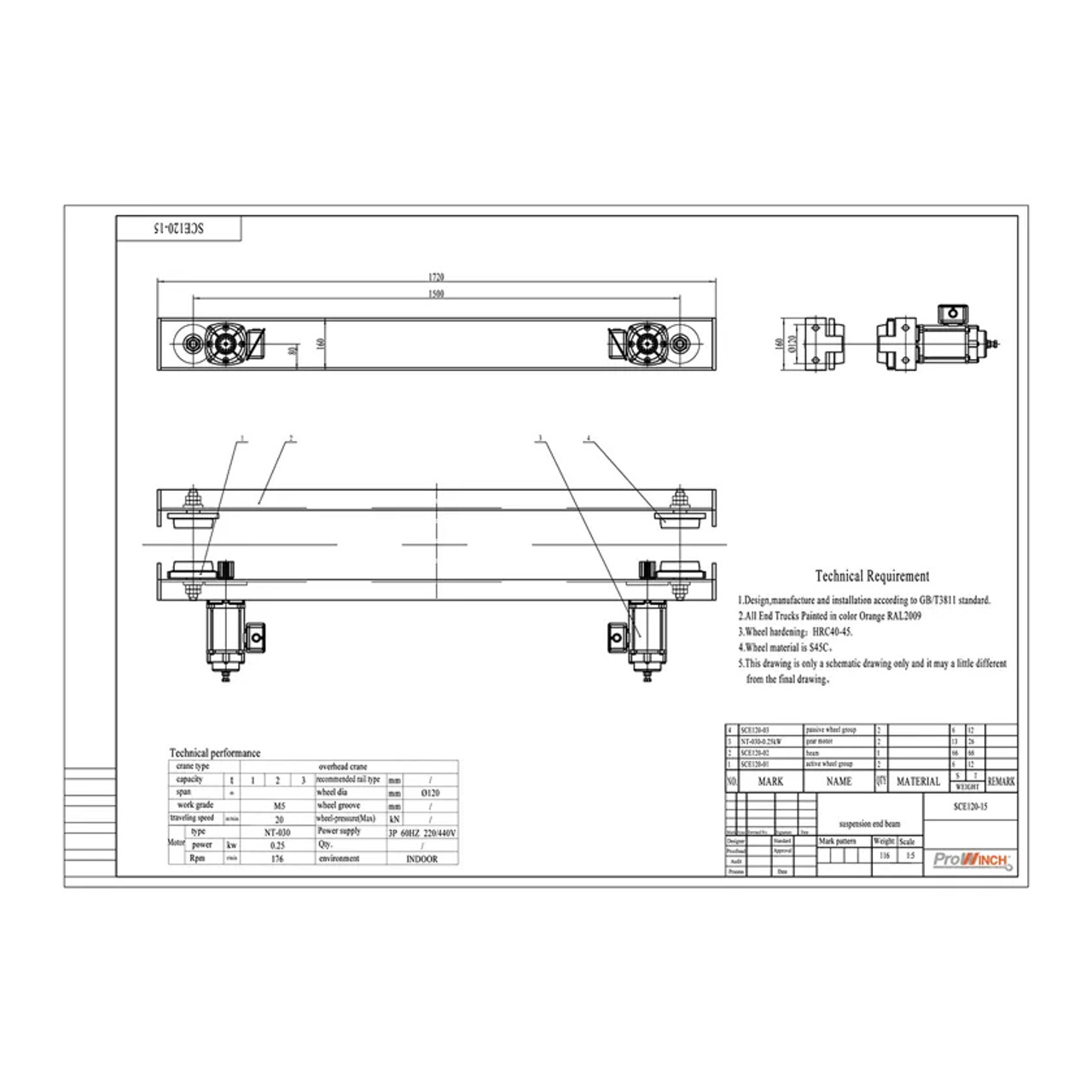 Prowinch 1 Ton Underhung Motorized End Trucks Single Girder up to 34ft Span 220/440V 3P PWNU-1T-SCE120-15