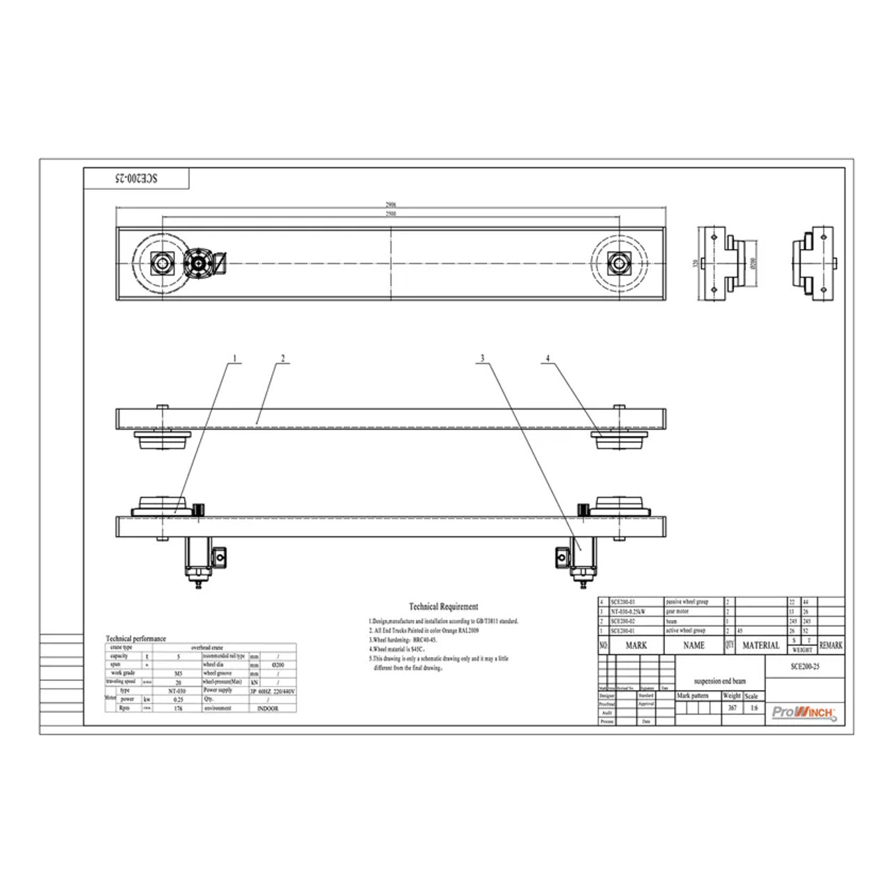 Prowinch 5 Ton Underhung Motorized End Trucks Single Girder up to 57ft Span 220/440V 3P PWNU-5T-SCE200-25
