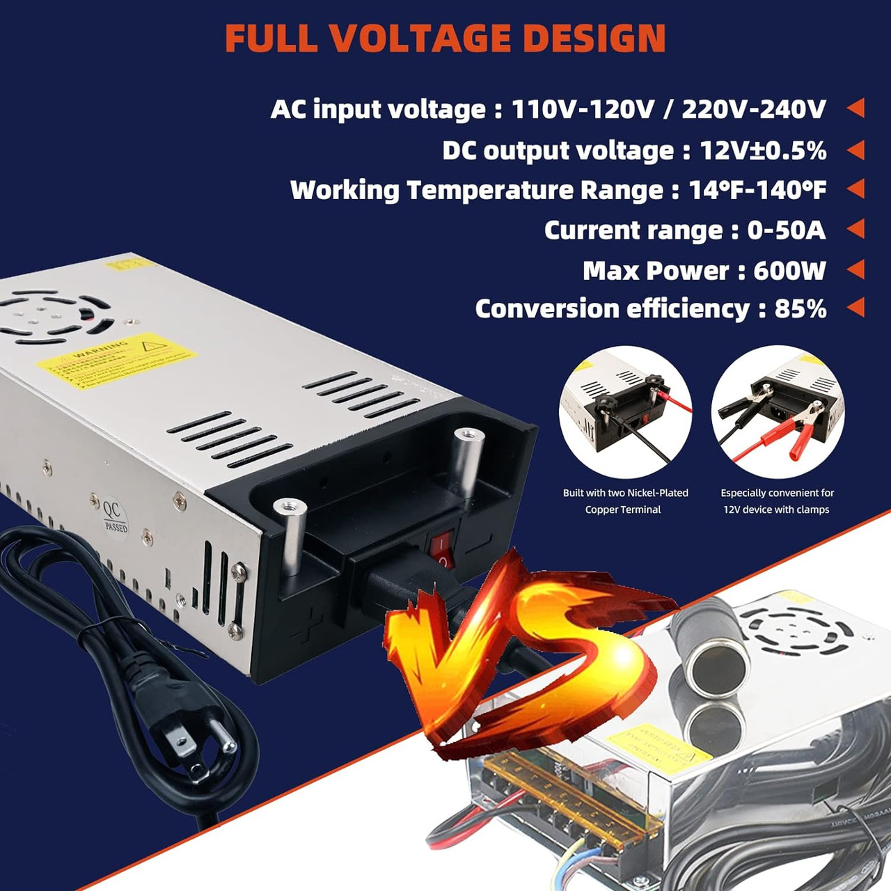 RV Converter, 110V AC to 12V DC Converter Power Supply 12V 600W 50A DC Switch Transformer for RV, Pump, LED Strip, LCD Monitor