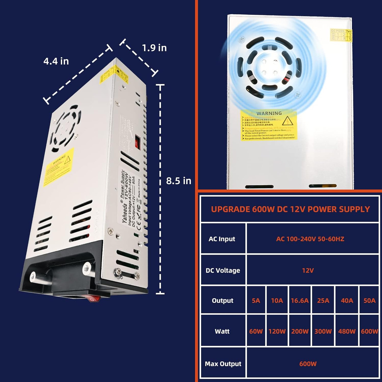 RV Converter, 110V AC to 12V DC Converter Power Supply 12V 600W 50A DC Switch Transformer for RV, Pump, LED Strip, LCD Monitor