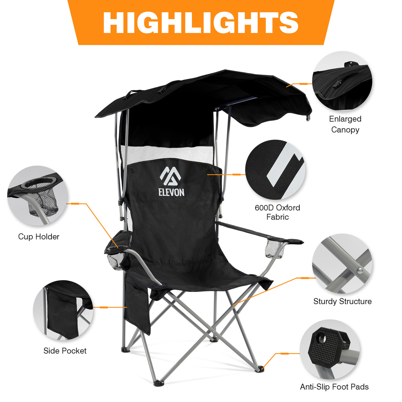 Oversized Camping Chair with Sun Canopy,Heavy Duty Folding Outdoor Chair with Armrests, Cup Holders and Carry Bag,Portable Lounge Chair for Camping, Beach, Fishing, Picnics and Sports Events Color Black