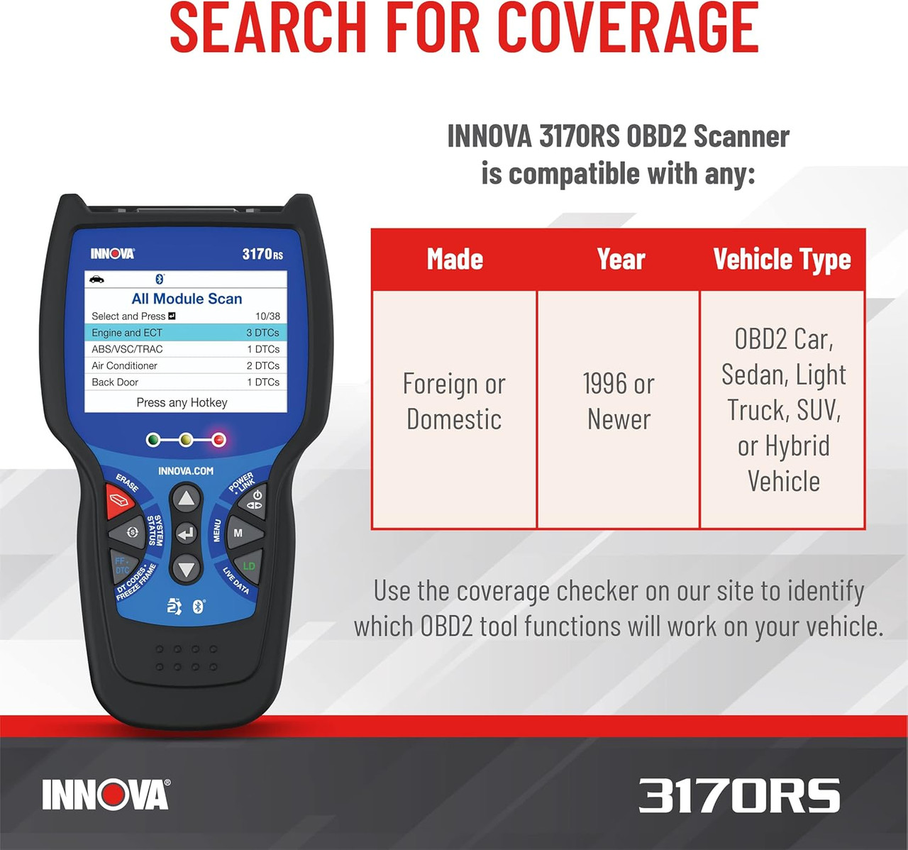 INNOVA 3170RS OBD1 & OBD2 Scanner, ABS Bleeder Scan Tool, OBD2 Diagnostic, Caliper Service, Brake Pad Life, Read/Erase ABS/SRS Codes, Reset Oil Light, Live Data, Updates Included