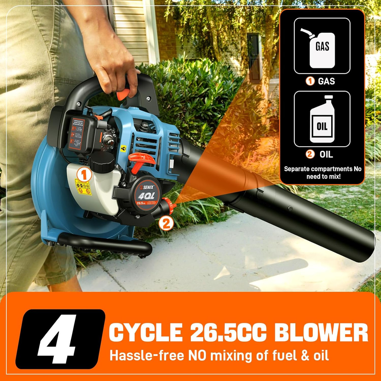 26.5 cc 4-Cycle Handheld Gas Powered Leaf Blower for Lawn Care Clean Up, Up to 410 CFM and 125 MPH, Light Weight, Dual Grip Handle
