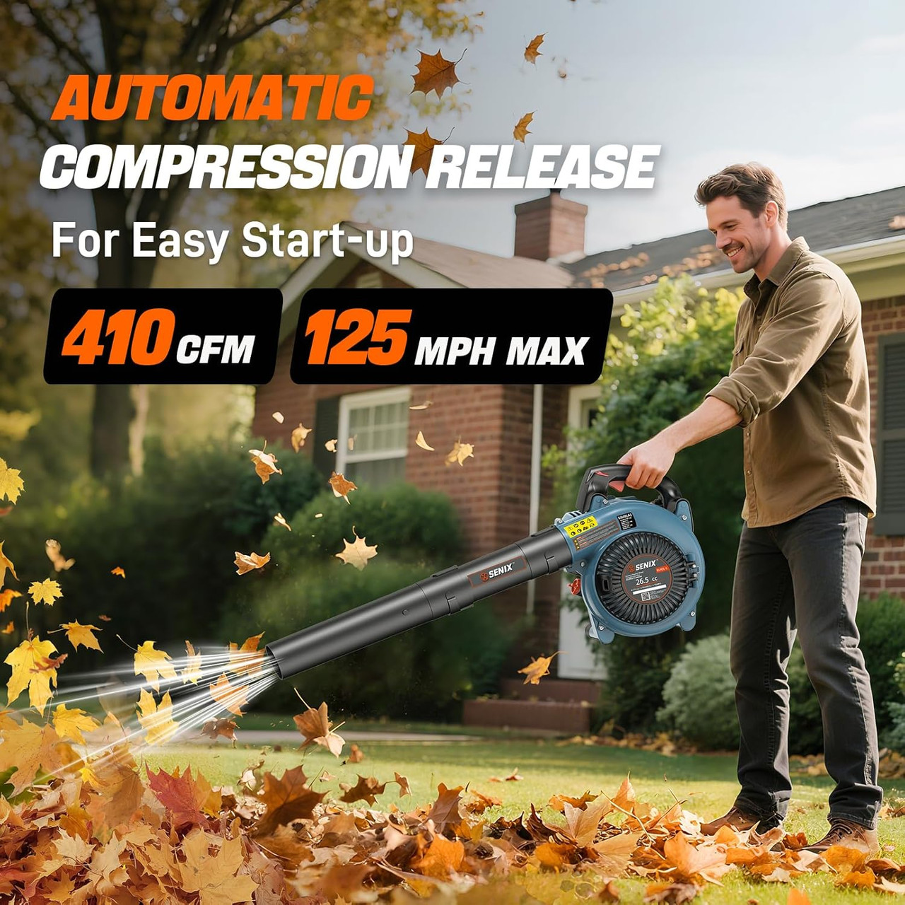 26.5 cc 4-Cycle Handheld Gas Powered Leaf Blower for Lawn Care Clean Up, Up to 410 CFM and 125 MPH, Light Weight, Dual Grip Handle