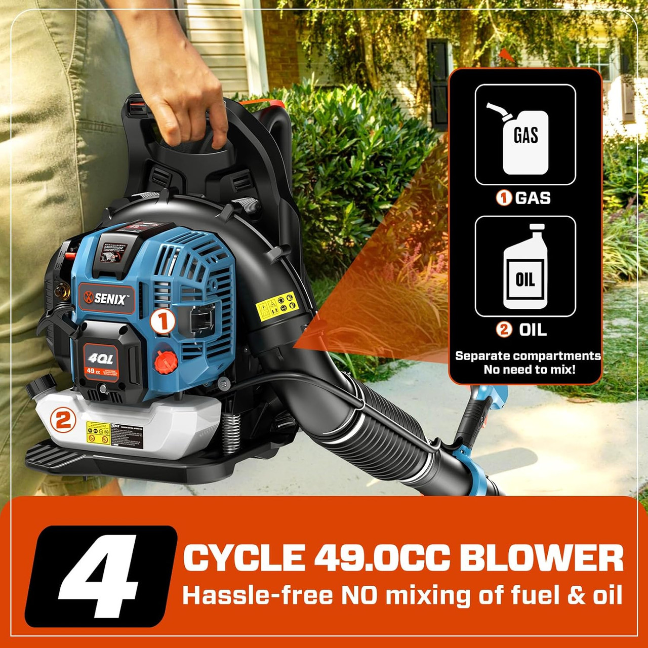 49 cc Gas Leaf Blower, 4-Cycle Backpack Leaf Blower,Up to 600 CFM and 200 MPH, Variable Speed & Cruise Control, 18N Powerful Blowing Force