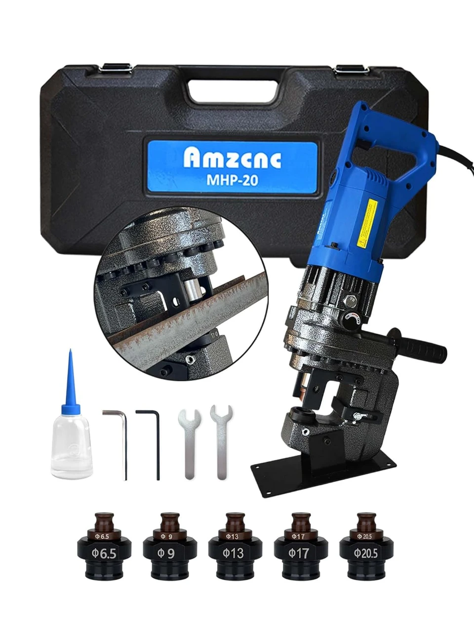 110V 1200W Electric Hydraulic Hole Puncher 1/4"-4/5" Punching Machine Metal Hole Punch with Carbon Brush 5 Dies for Iron Copper Aluminum Plate Angle Steel