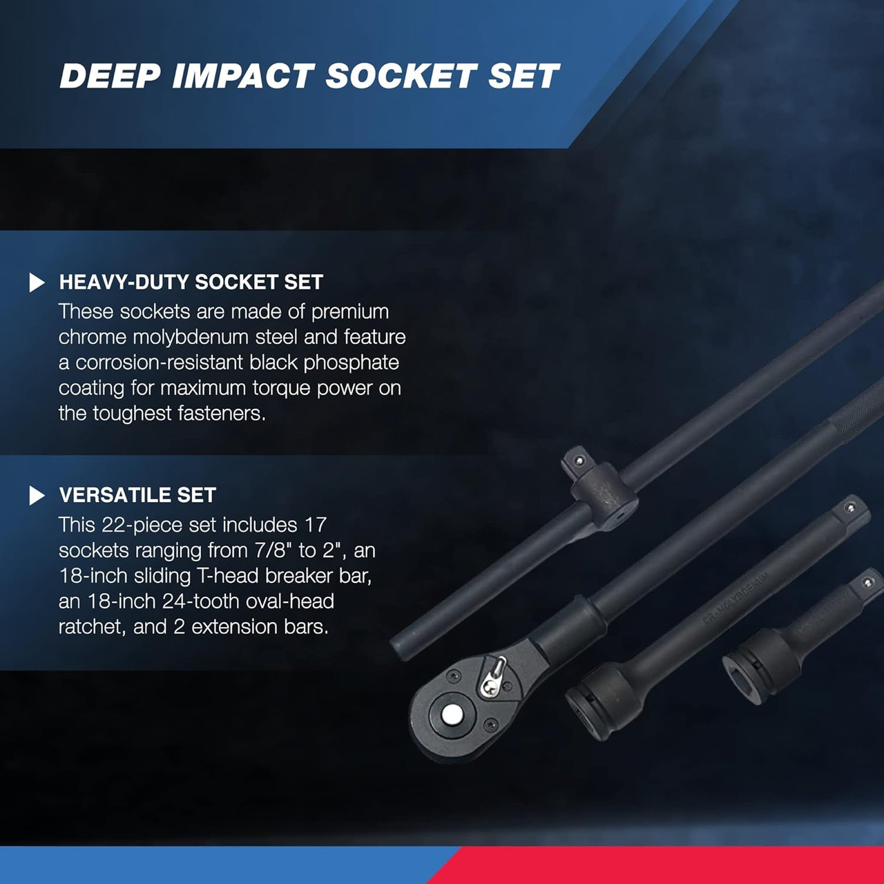 3/4-Inch-Drive Deep Impact Socket Set, SAE Sizes 7/8" to 2", Ratchet Handle and Extension Bars Included, Chrome Molybdenum Steel, 22-Piece Set