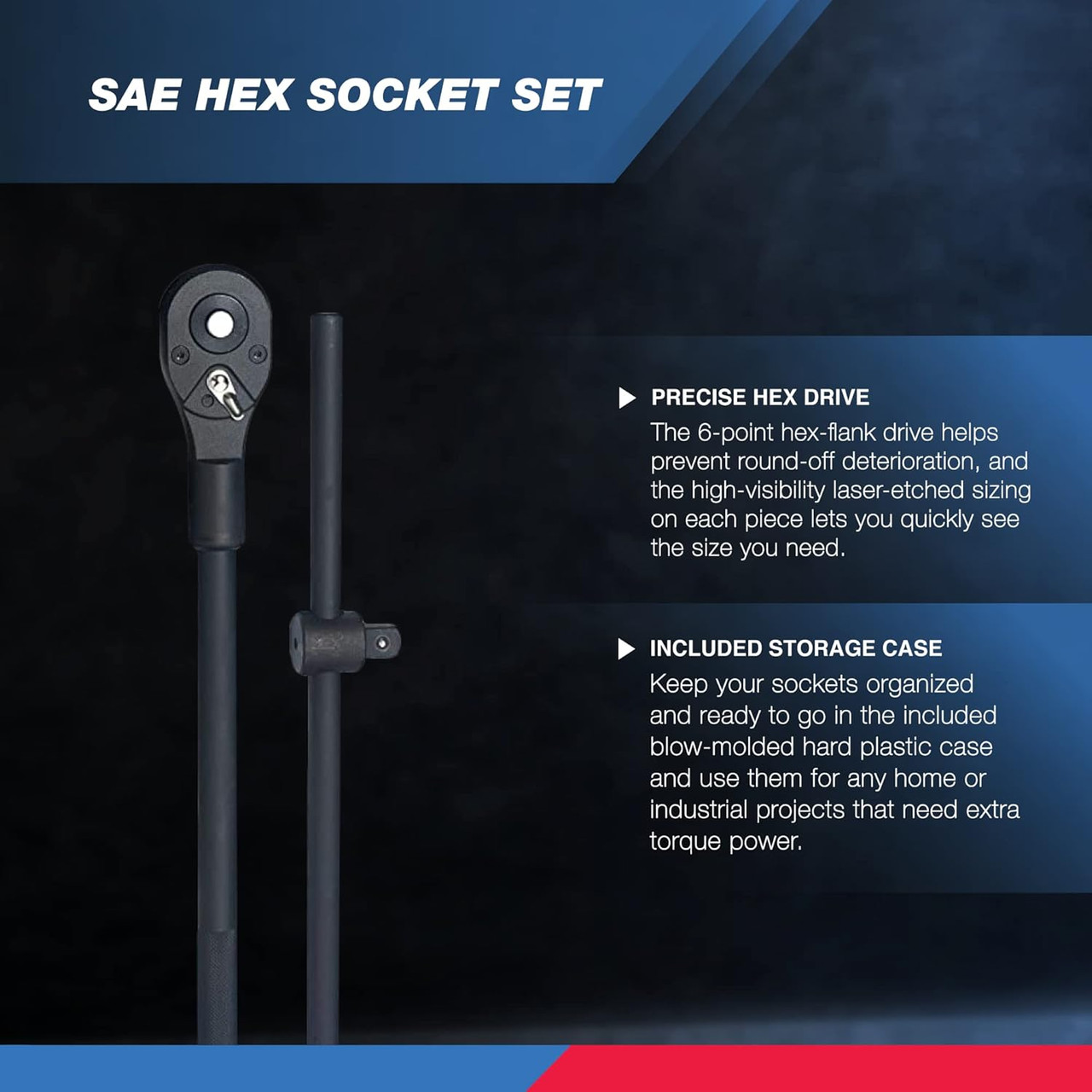 3/4-Inch-Drive Deep Impact Socket Set, SAE Sizes 7/8" to 2", Ratchet Handle and Extension Bars Included, Chrome Molybdenum Steel, 22-Piece Set