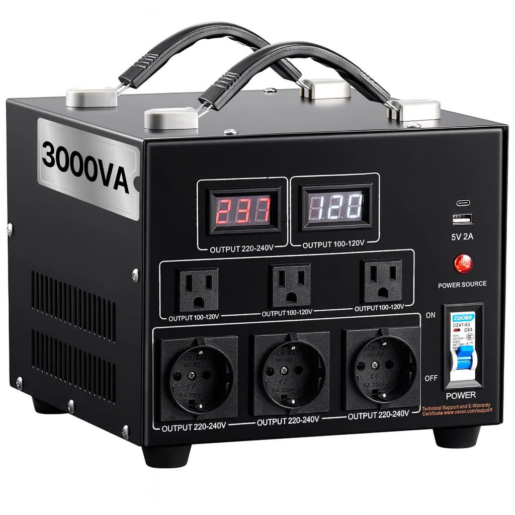 Power Converter, 3000W, Durable Step Up/Down Unit, Switches between 110V and 220V, Includes US and EU Outlets plus 5V USB, CE Approved