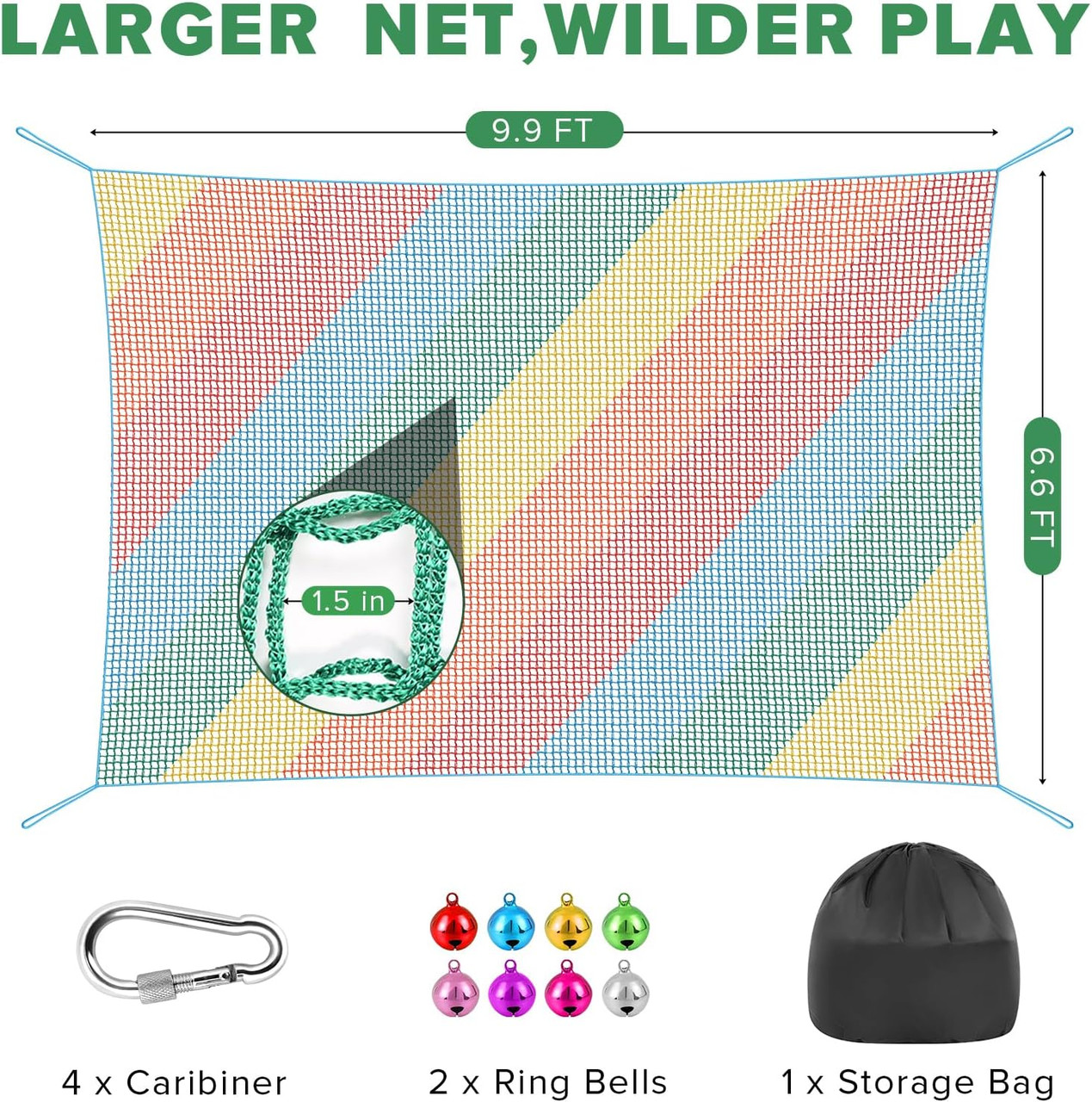 Double Layers Climbing Cargo Net - 6.6FT x 9.9FT Heavy Duty Playground Safety Net for Kids Backyard, Tree Fort & Jungle Gyms | Treehouse Accessories with Storage Bag & Carabiners (Colored)