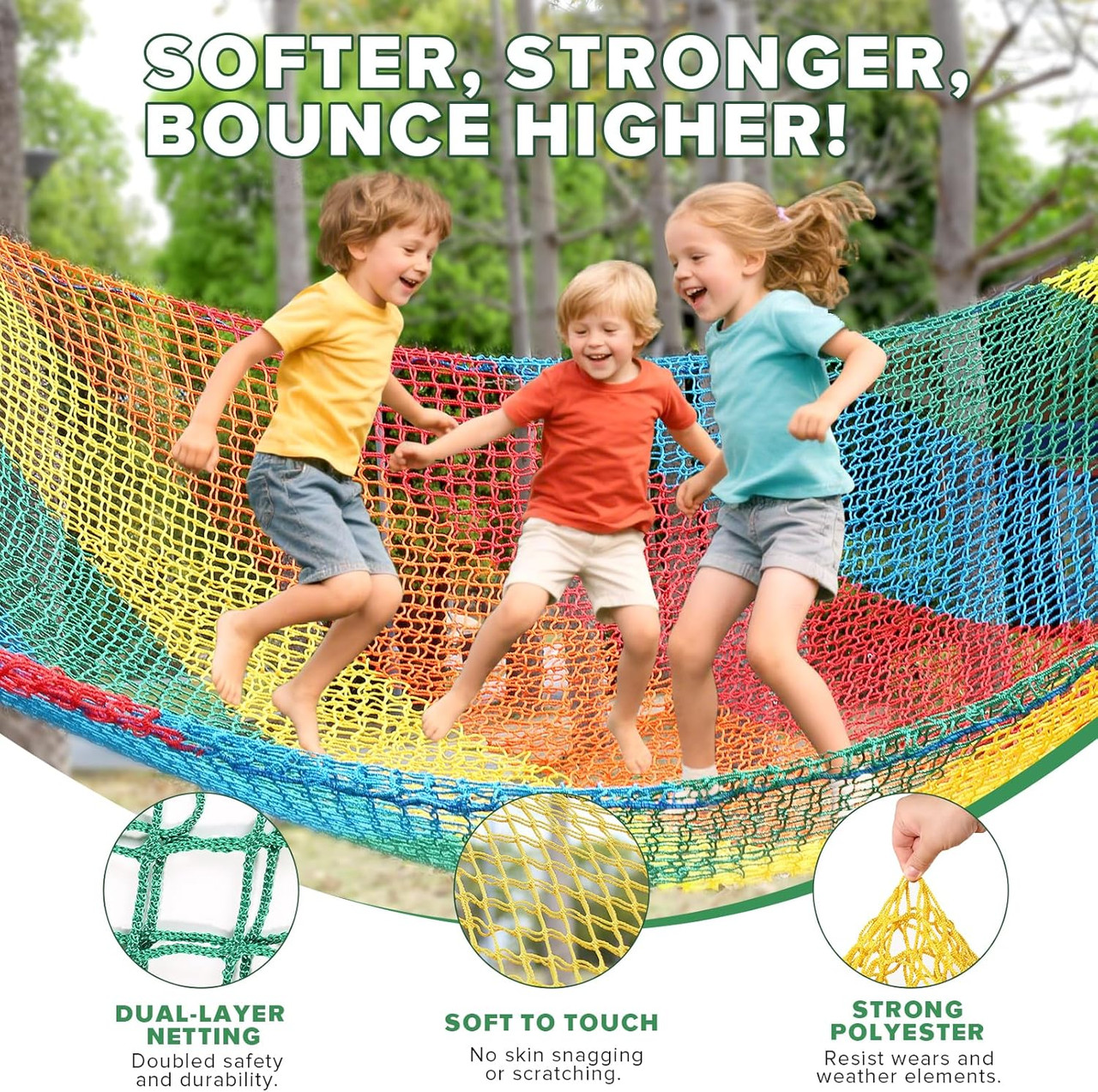 Double Layers Climbing Cargo Net - 6.6FT x 9.9FT Heavy Duty Playground Safety Net for Kids Backyard, Tree Fort & Jungle Gyms | Treehouse Accessories with Storage Bag & Carabiners (Colored)